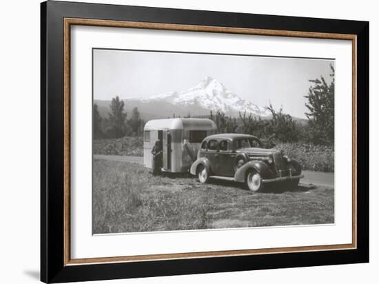 Forties Travel Trailer in Mountains-null-Framed Art Print