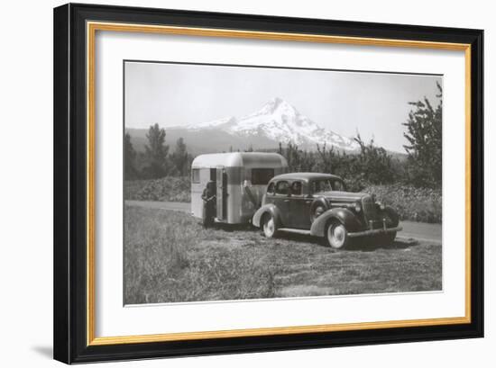 Forties Travel Trailer in Mountains-null-Framed Art Print