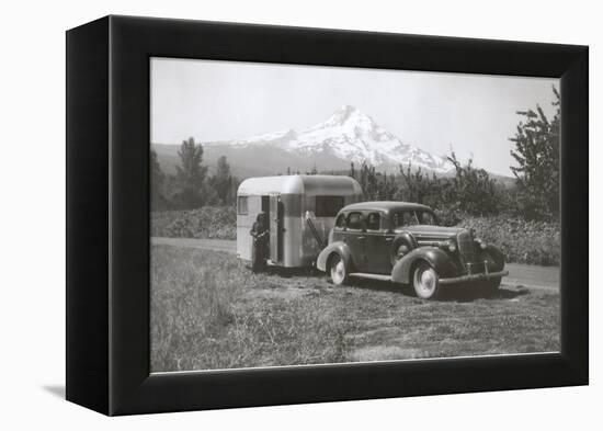 Forties Travel Trailer in Mountains-null-Framed Stretched Canvas