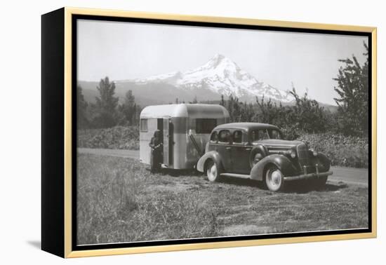 Forties Travel Trailer in Mountains-null-Framed Stretched Canvas