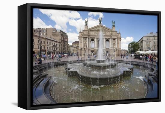 Fountain outside Old Town Opera House Svobody 28, Kiev, Ukraine, Europe-Jeremy Bright-Framed Premier Image Canvas