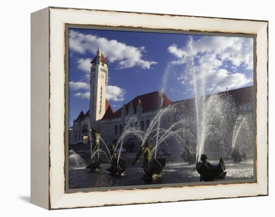 Fountains in Front of a Railroad Station, Milles Fountain, Union Station, St. Louis, Missouri, USA-null-Framed Premier Image Canvas