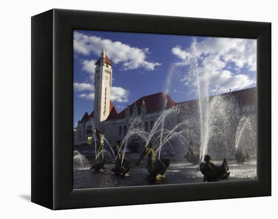 Fountains in Front of a Railroad Station, Milles Fountain, Union Station, St. Louis, Missouri, USA-null-Framed Premier Image Canvas