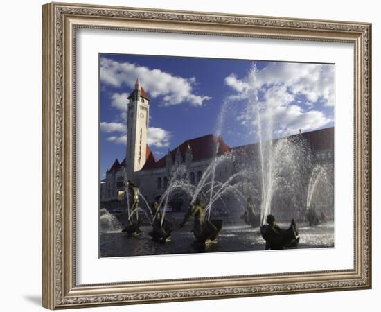 Fountains in Front of a Railroad Station, Milles Fountain, Union Station, St. Louis, Missouri, USA-null-Framed Photographic Print