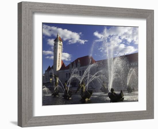 Fountains in Front of a Railroad Station, Milles Fountain, Union Station, St. Louis, Missouri, USA-null-Framed Photographic Print