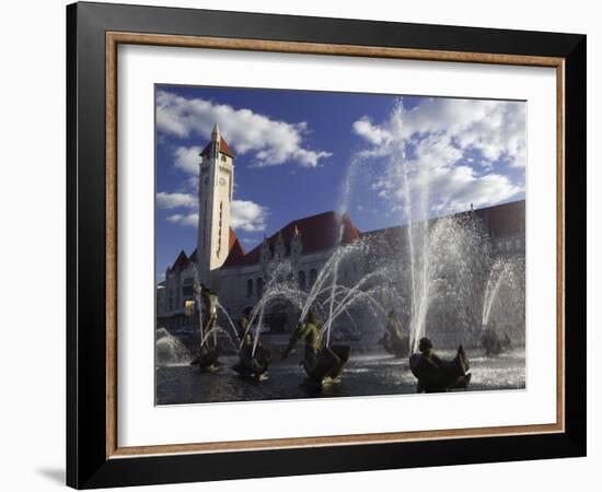 Fountains in Front of a Railroad Station, Milles Fountain, Union Station, St. Louis, Missouri, USA-null-Framed Photographic Print