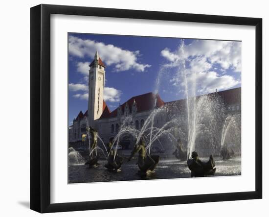Fountains in Front of a Railroad Station, Milles Fountain, Union Station, St. Louis, Missouri, USA-null-Framed Photographic Print