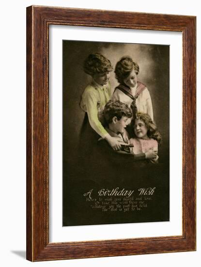 Four Children on a Birthday Postcard-null-Framed Art Print