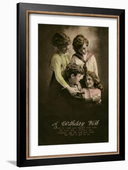 Four Children on a Birthday Postcard-null-Framed Art Print