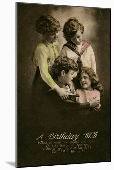 Four Children on a Birthday Postcard-null-Mounted Art Print