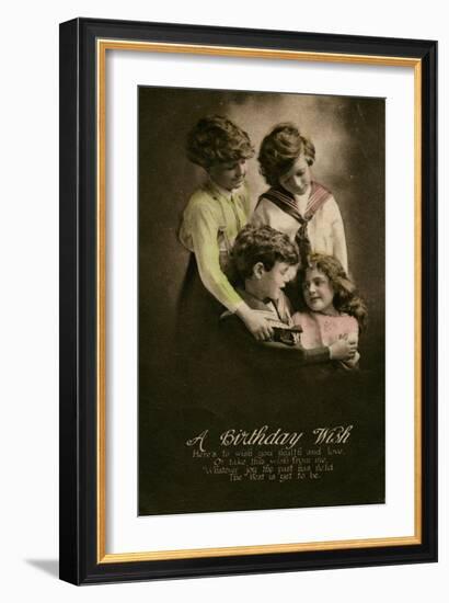 Four Children on a Birthday Postcard-null-Framed Art Print