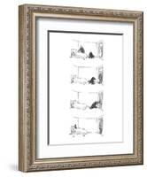 Four drawings; Man makes bed, as dog watches. Man leaves room. Dog locks ? - New Yorker Cartoon-George Booth-Framed Premium Giclee Print