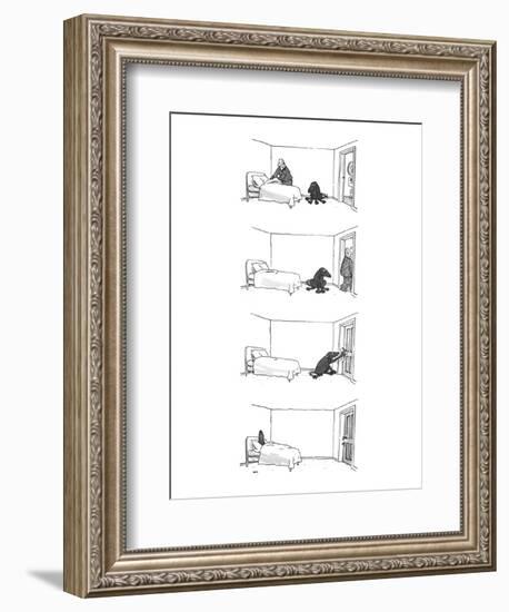 Four drawings; Man makes bed, as dog watches.  Man leaves room. Dog locks ? - New Yorker Cartoon-George Booth-Framed Premium Giclee Print