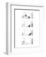 Four drawings; Man makes bed, as dog watches. Man leaves room. Dog locks ? - New Yorker Cartoon-George Booth-Framed Premium Giclee Print