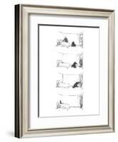 Four drawings; Man makes bed, as dog watches. Man leaves room. Dog locks ? - New Yorker Cartoon-George Booth-Framed Premium Giclee Print