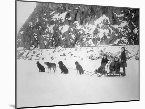 Four Girls on Dog Sled Photograph - Canada-Lantern Press-Mounted Art Print