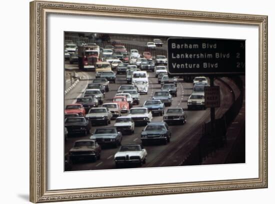 Four Lanes of Traffic on the Hollywood Freeway in Los Angeles in 1970s-null-Framed Photo