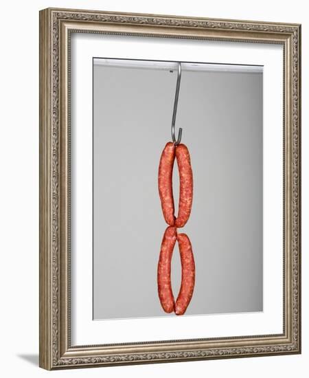 Four Mettwurst (Cured, Smoked Pork Sausages) on a Hook-Niklas Thiemann-Framed Photographic Print