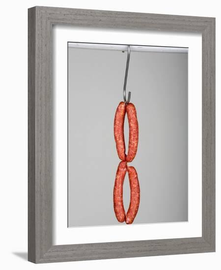 Four Mettwurst (Cured, Smoked Pork Sausages) on a Hook-Niklas Thiemann-Framed Photographic Print