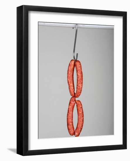 Four Mettwurst (Cured, Smoked Pork Sausages) on a Hook-Niklas Thiemann-Framed Photographic Print