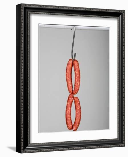 Four Mettwurst (Cured, Smoked Pork Sausages) on a Hook-Niklas Thiemann-Framed Photographic Print