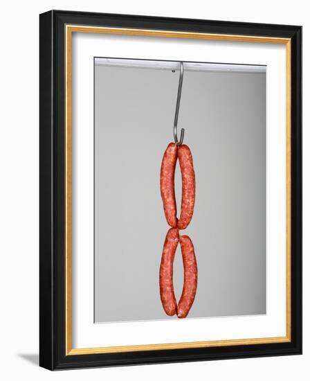 Four Mettwurst (Cured, Smoked Pork Sausages) on a Hook-Niklas Thiemann-Framed Photographic Print