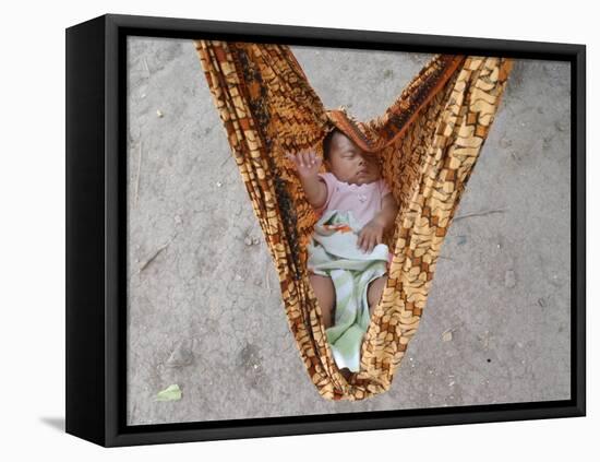 Four-Month-Old Rianto Sleeps in a Batik Cloth Swing, at a Refugee Camp in Lamreh, Indonesia-null-Framed Premier Image Canvas