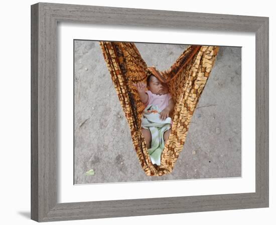 Four-Month-Old Rianto Sleeps in a Batik Cloth Swing, at a Refugee Camp in Lamreh, Indonesia-null-Framed Photographic Print