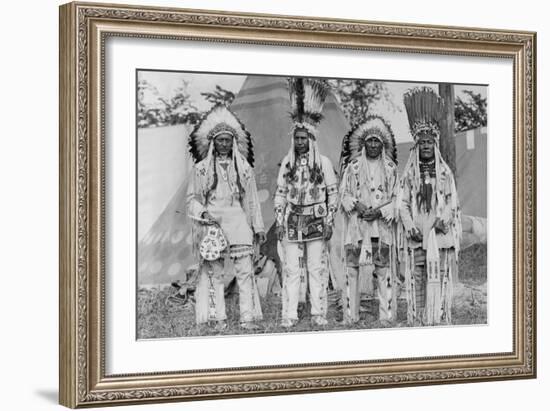 Four Native American Chiefs in Traditional Clothing and Feathered Bonnet-null-Framed Art Print