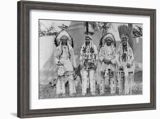 Four Native American Chiefs in Traditional Clothing and Feathered Bonnet-null-Framed Art Print