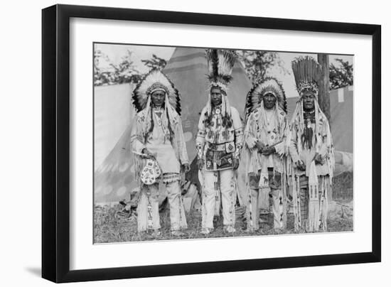 Four Native American Chiefs in Traditional Clothing and Feathered Bonnet-null-Framed Art Print