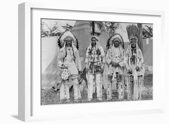 Four Native American Chiefs in Traditional Clothing and Feathered Bonnet-null-Framed Art Print