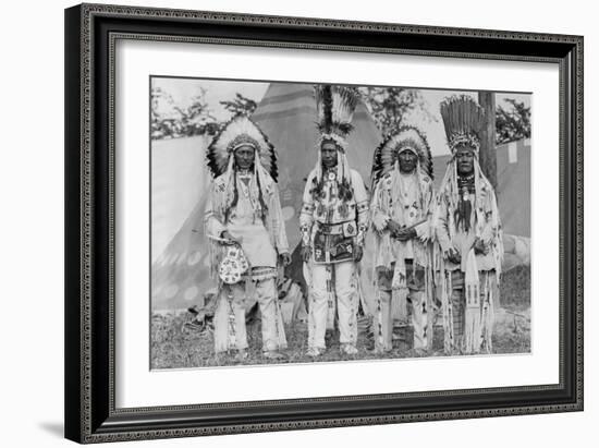 Four Native American Chiefs in Traditional Clothing and Feathered Bonnet-null-Framed Art Print