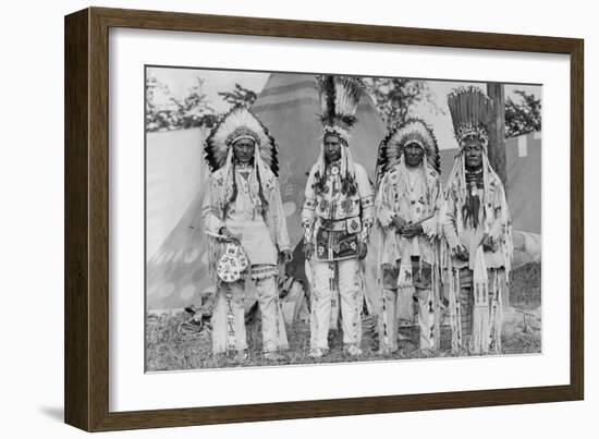 Four Native American Chiefs in Traditional Clothing and Feathered Bonnet-null-Framed Premium Giclee Print