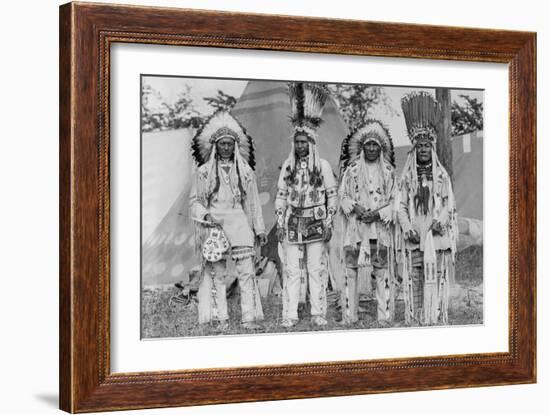 Four Native American Chiefs in Traditional Clothing and Feathered Bonnet-null-Framed Premium Giclee Print