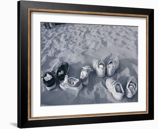 Four Pairs of Shoes on the Sand-Mitch Diamond-Framed Photographic Print