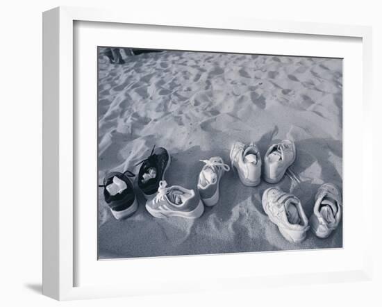 Four Pairs of Shoes on the Sand-Mitch Diamond-Framed Photographic Print