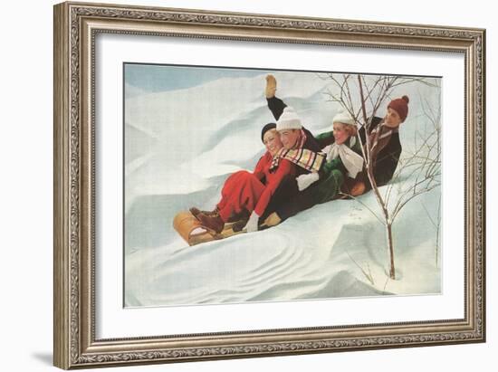 Four People on a Toboggan-null-Framed Art Print