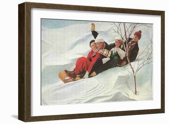 Four People on a Toboggan-null-Framed Art Print