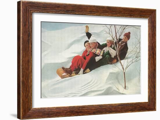 Four People on a Toboggan-null-Framed Art Print