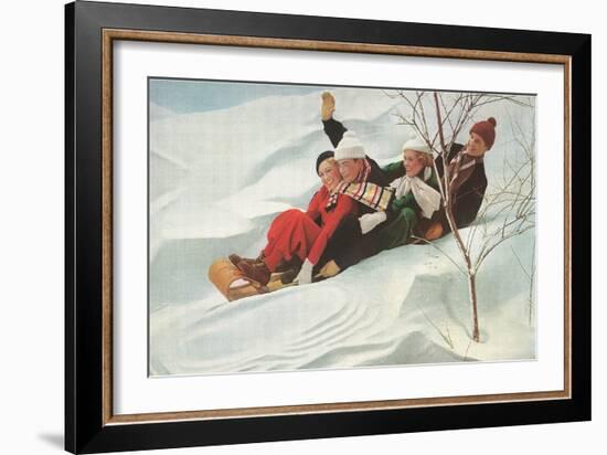 Four People on a Toboggan-null-Framed Art Print