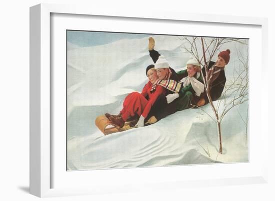 Four People on a Toboggan-null-Framed Art Print