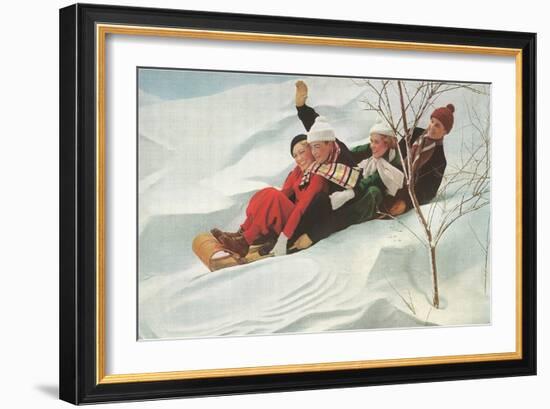 Four People on a Toboggan-null-Framed Art Print