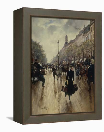 Four PM at the Carrefour Drouot and the Grand Boulevard-Jean Béraud-Framed Premier Image Canvas