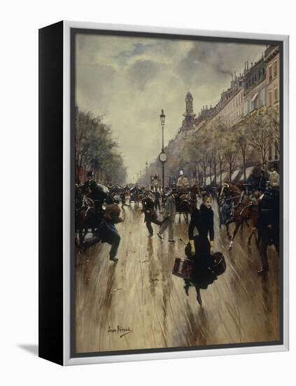 Four PM at the Carrefour Drouot and the Grand Boulevard-Jean Béraud-Framed Premier Image Canvas