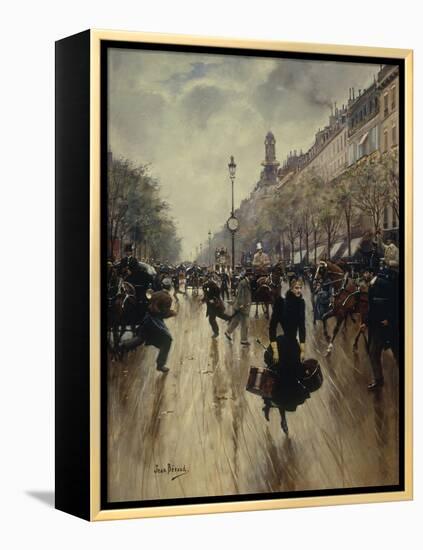 Four PM at the Carrefour Drouot and the Grand Boulevard-Jean Béraud-Framed Premier Image Canvas