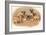 Four Pug Dogs Sitting around a Kitten on a Plate-English School-Framed Giclee Print