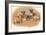 Four Pug Dogs Sitting around a Kitten on a Plate-English School-Framed Giclee Print