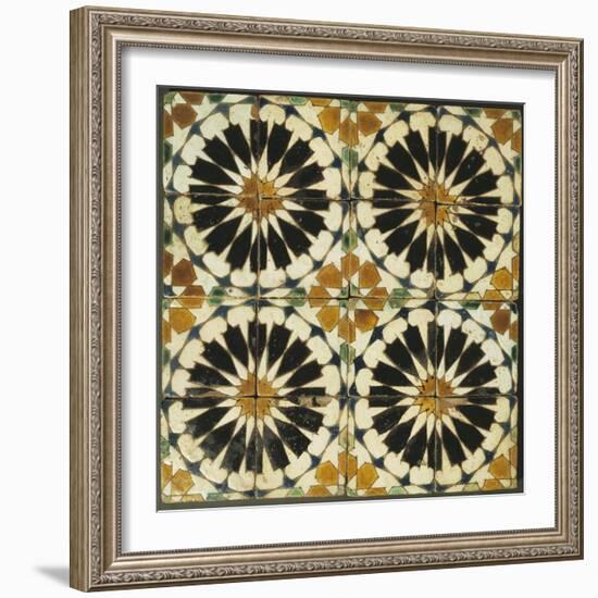 Four Roundels with Oar Shaped Segments with Star on Panel of Sixteen Tiles, 14th Century-null-Framed Giclee Print