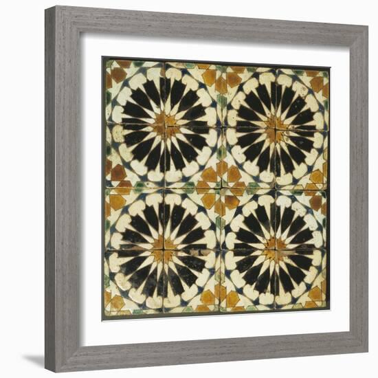 Four Roundels with Oar Shaped Segments with Star on Panel of Sixteen Tiles, 14th Century-null-Framed Giclee Print